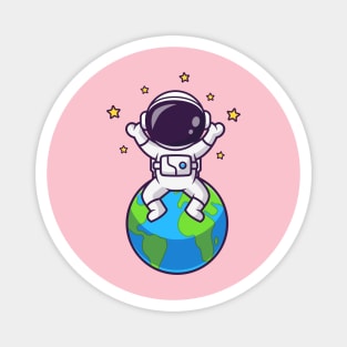 Cute Astronaut Sitting On Earth With Star Cartoon Magnet